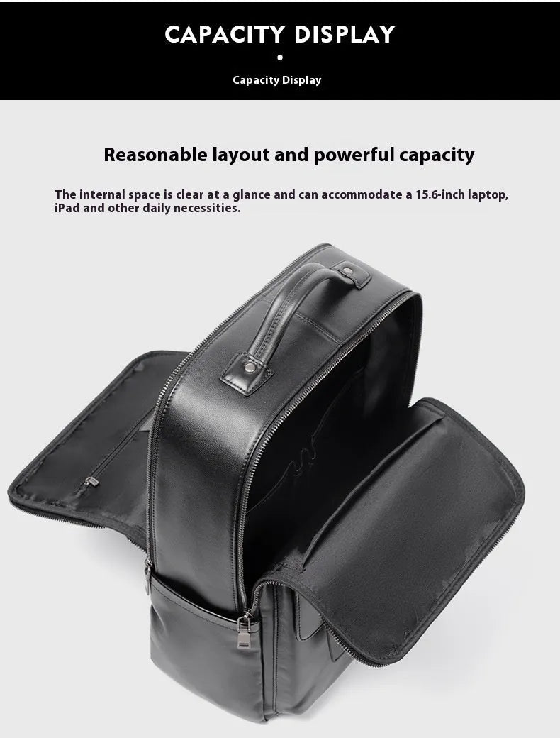 Men's black leather computer backpack with 36-55L capacity and physiological curve back plate