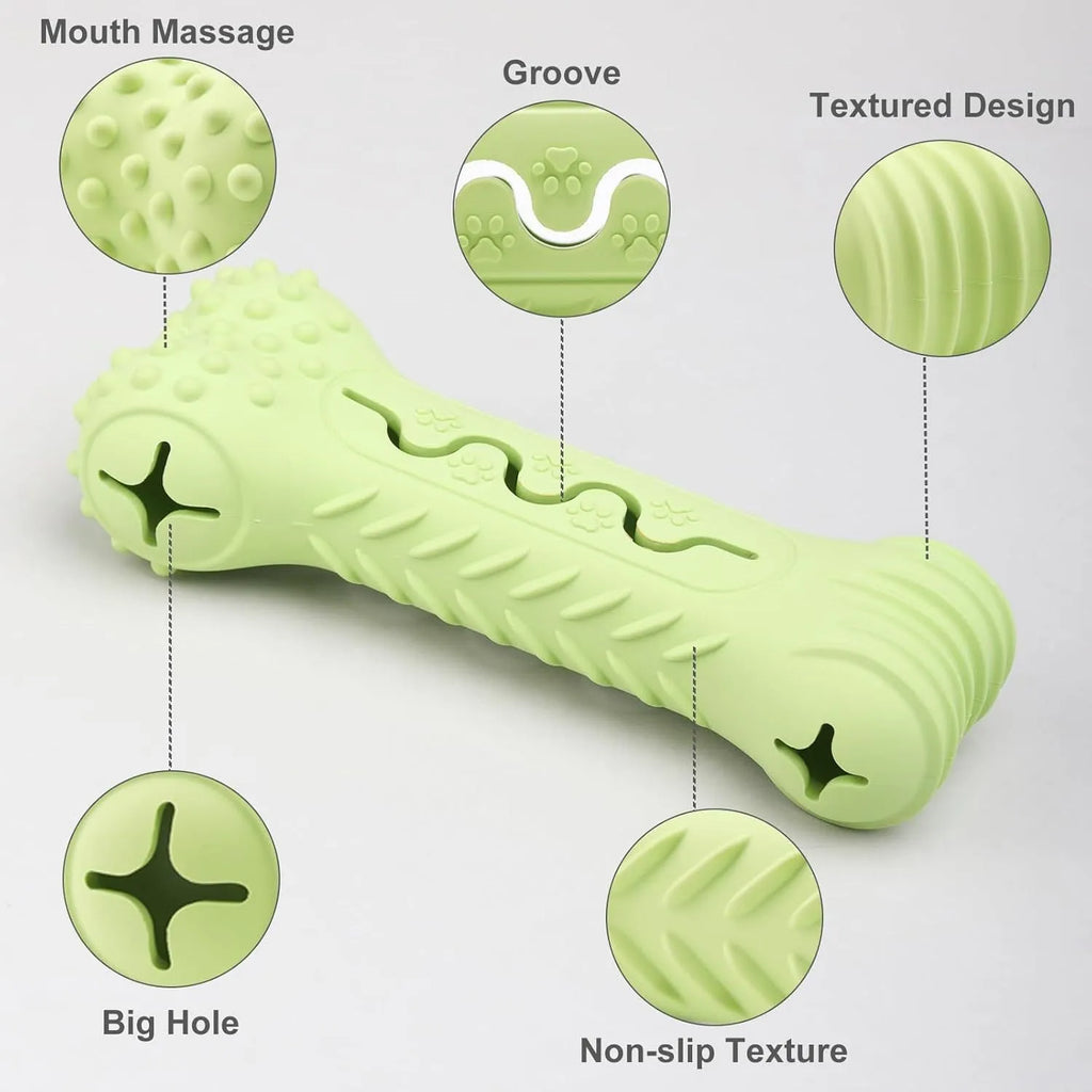 Blue bone-shaped natural rubber dog chew toy with textured surface for teeth cleaning.