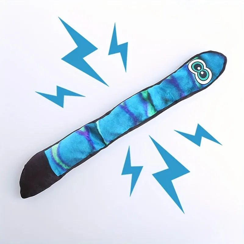 Snake-shaped striped plush dog squeak toy in multicolour, blue, green, and rainbow options.