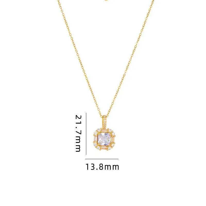 Women's gold geometric zircon pendant necklace on water wave chain