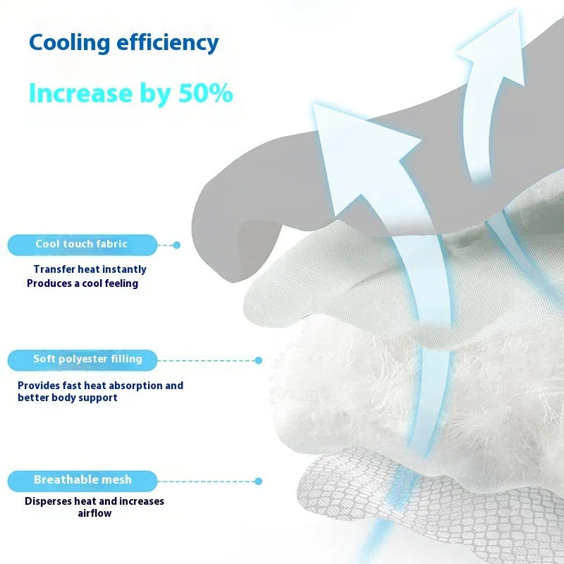 Ice silk pet cooling mat in dog head profile shape available in light grey, dark grey, dark green, and rice colours