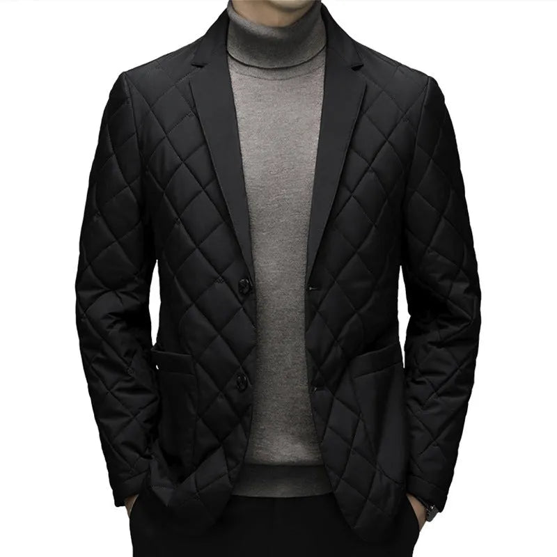 Men's black lapel-style down jacket with side seam pockets on a solid colour background.