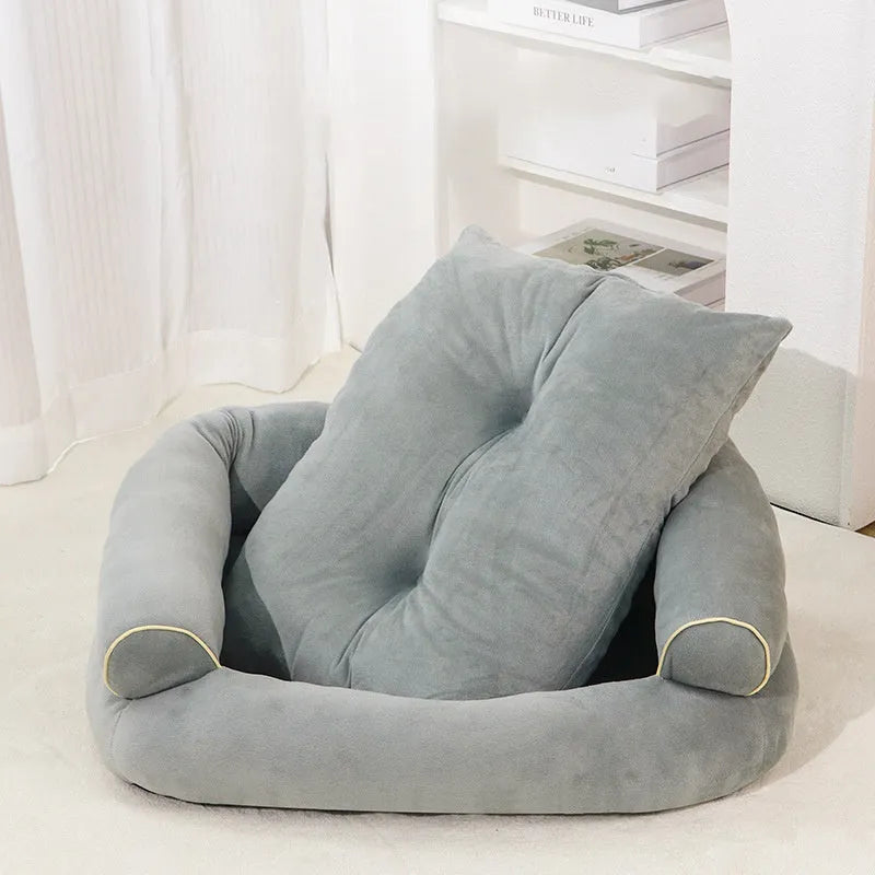 Velvet pet sofa bed for dogs and cats, rectangular shape, available in blue, dark grey, khaki and light grey, sizes from 45x35x18cm to 125x76x26cm