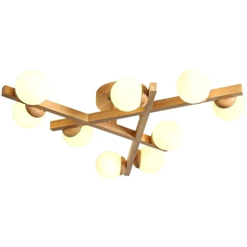 Wooden style circular ceiling lamp with three pendant lights in a Nordic design