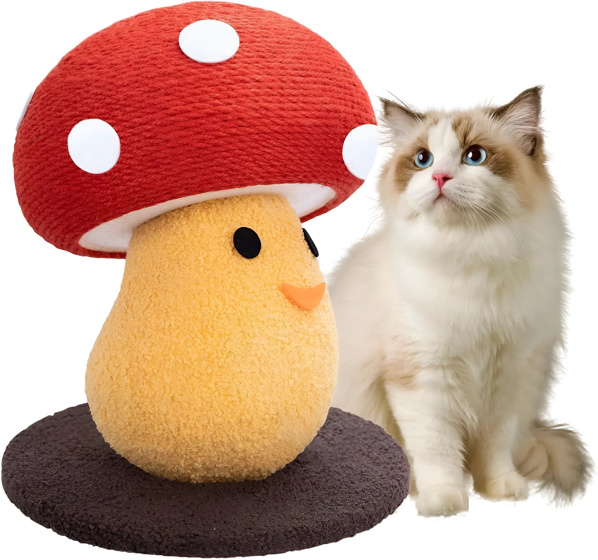 Foldable round mushroom-shaped cat scratcher board made from corrugated cardboard.
