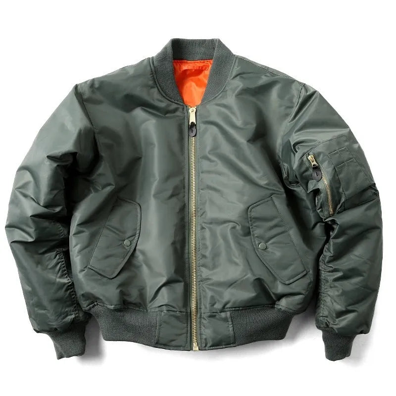 Men's loose fit cotton-padded pilot jacket in nylon, shown in Army Green colour.