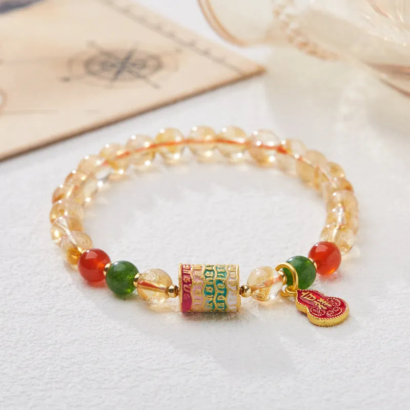 Hand-woven citrine five sutra bracelet with 6mm crystal beads and geometric design