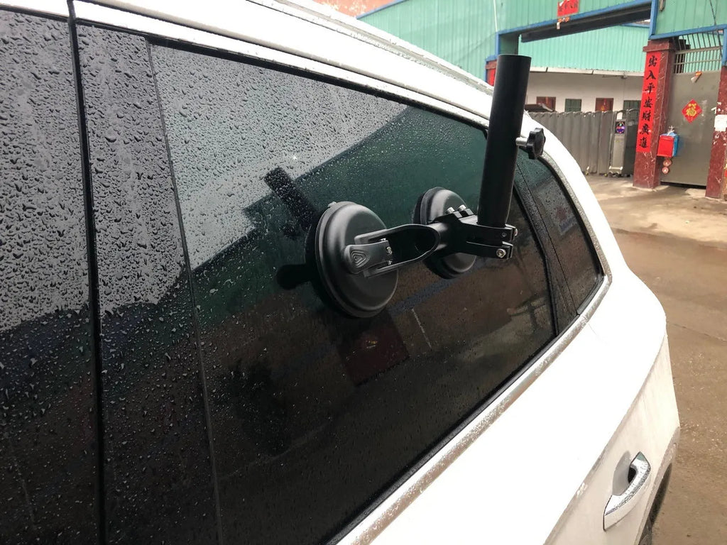 Black off-road car flagpole sucker base with round glass suction cup, showing ABS and rubber construction.