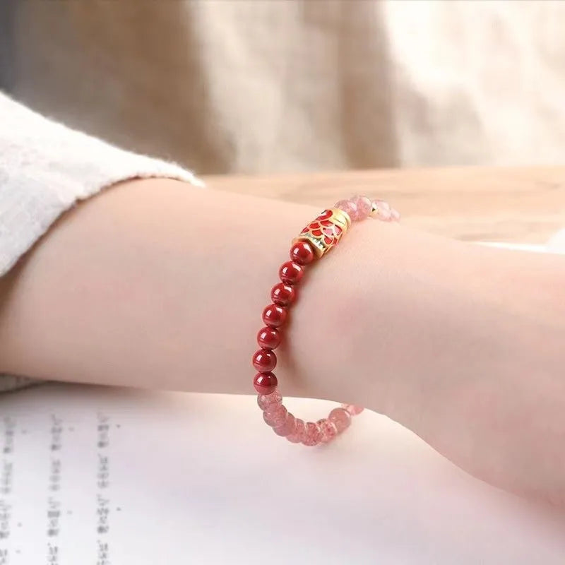 Women's koi purple cinnabar and strawberry quartz bracelet with retro style and peach blossom charm