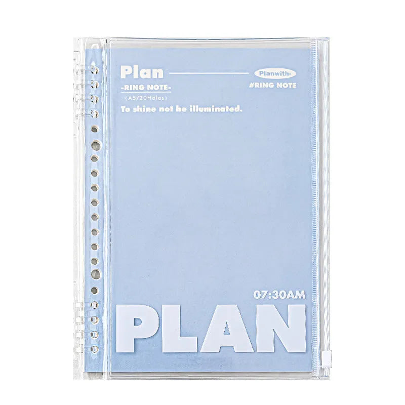 A5 PVC spiral notebook in blue or white with can store design for loose papers