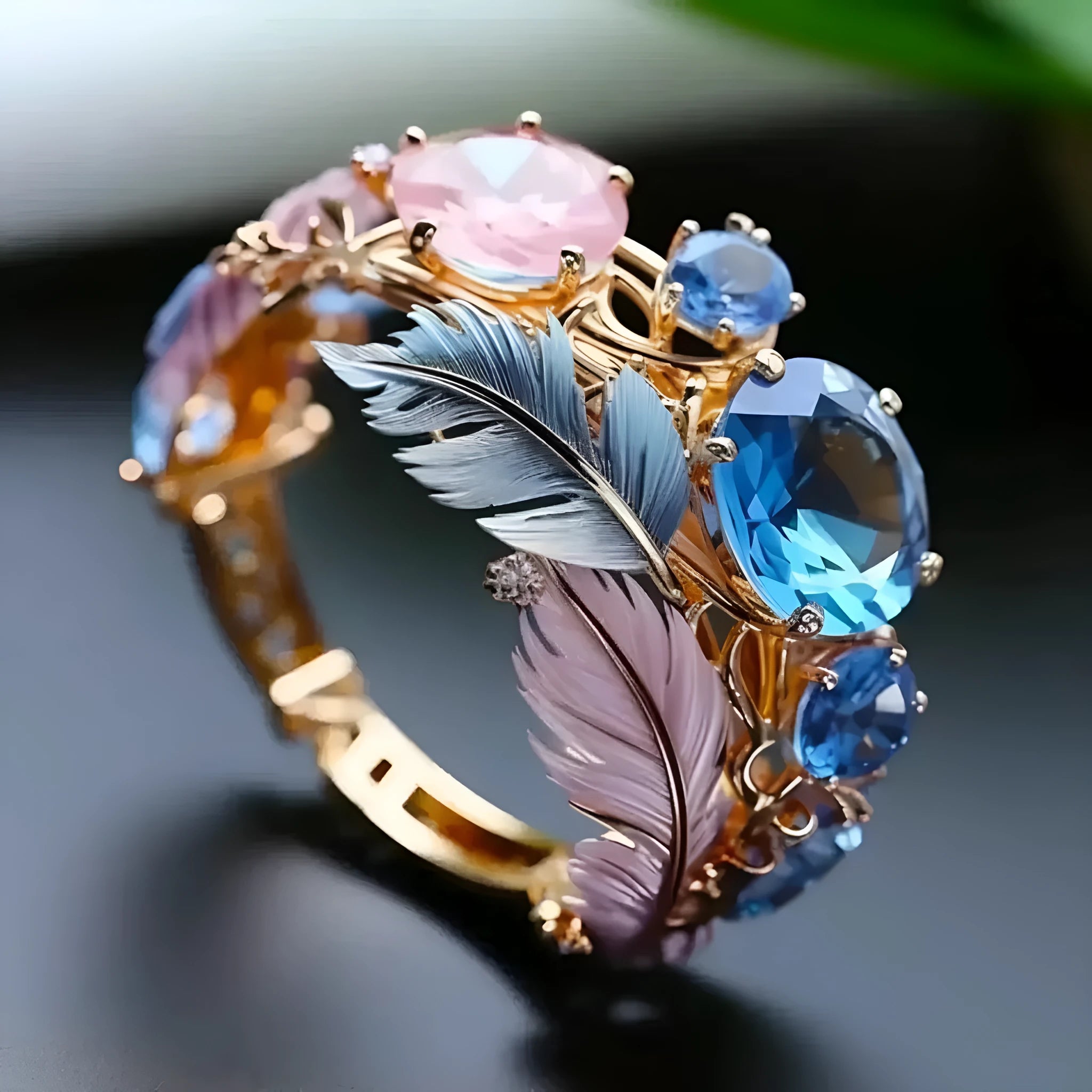 Gold colour brass feather ring with embossed geometric design and inlaid zircon details