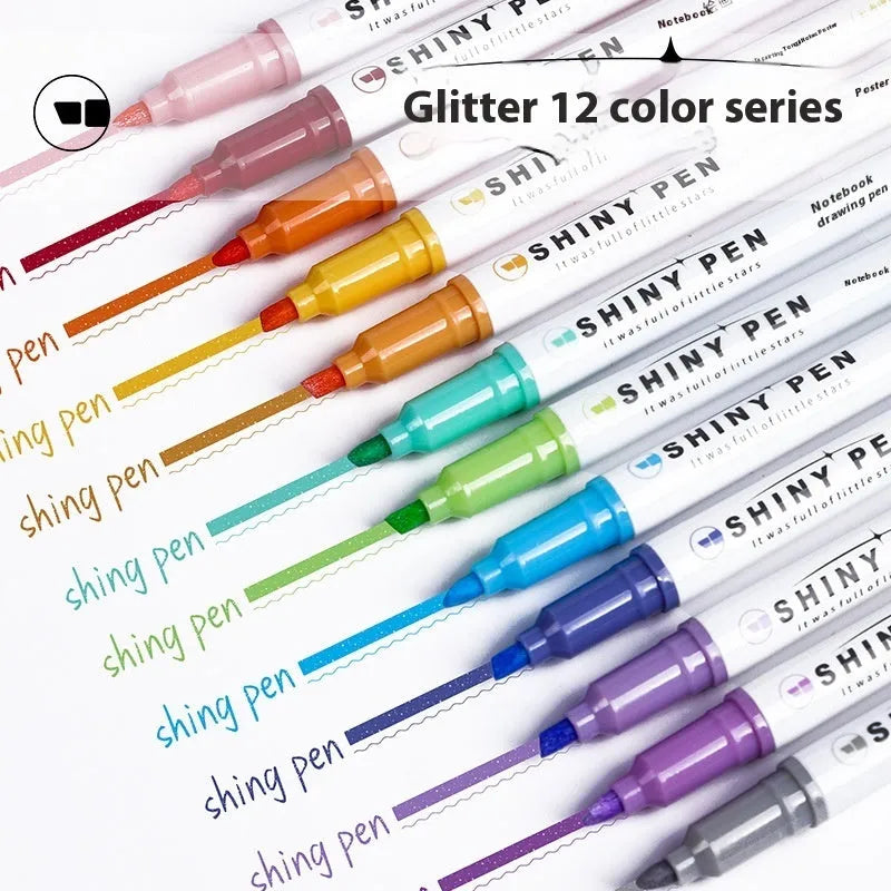 Set of four glitter fluorescent highlighter pens in six colour options with slanted 4mm tips