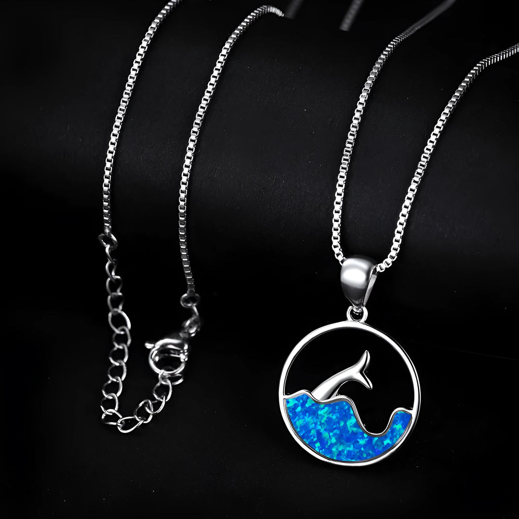 White gold electroplated copper necklace with geometric sea fishtail pendant and round opal accents