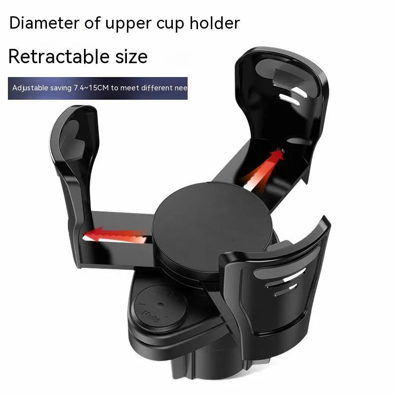 Second generation upgrade car cup holder modification tray in carbon fibre and matte ABS plastic finish.