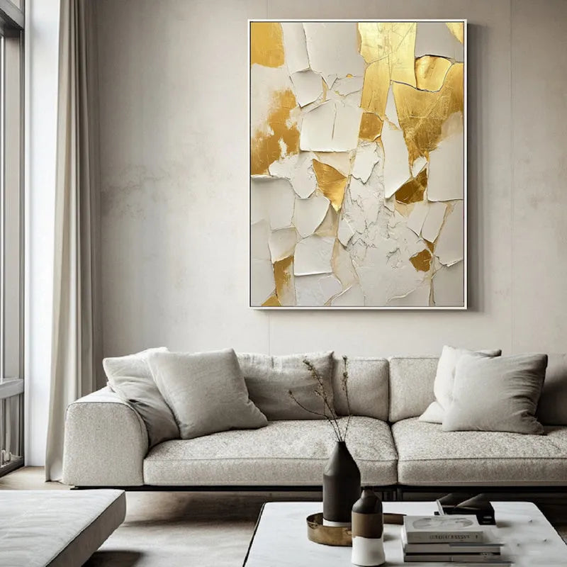 Golden and white handmade abstract oil painting on canvas, vertical one-panel wall art, unframed
