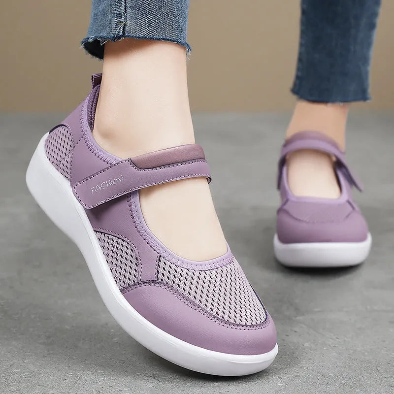 Women's low-top casual shoes in mesh fabric with Velcro strap, shown in multiple colours.
