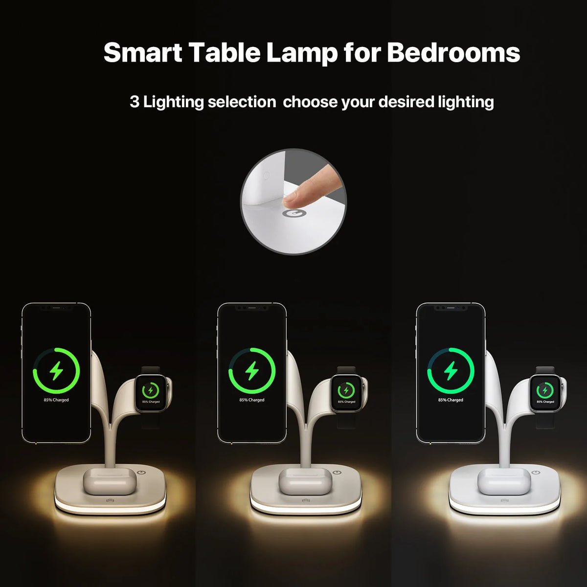 Black and white wireless charging stand for phone, watch, and headphones on a desk.