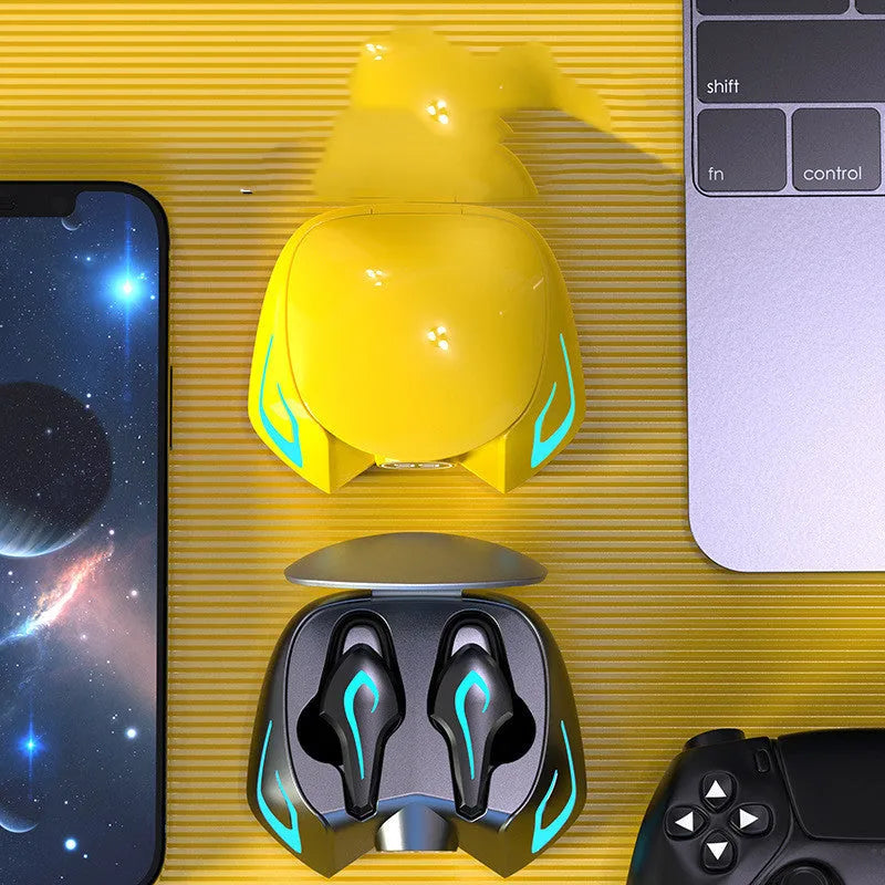 Wireless Bluetooth gaming headset with colourful LED lights on the earpieces, shown in black, grey, and yellow colour options.