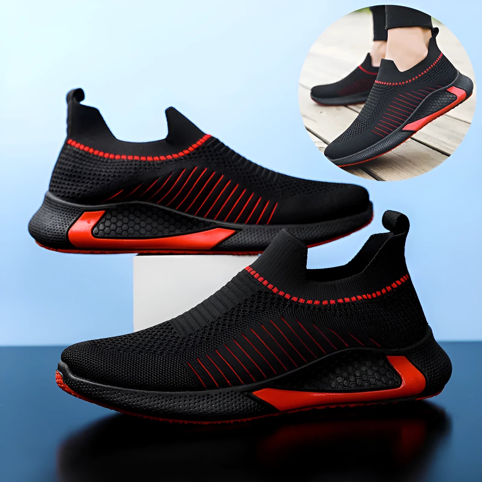 Men's striped mesh sock shoes with Flyknit upper and lace-up front in black colour