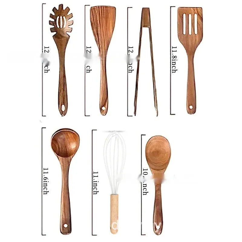 7-piece wooden kitchen tableware set with spoon, spatula and soup spoon items