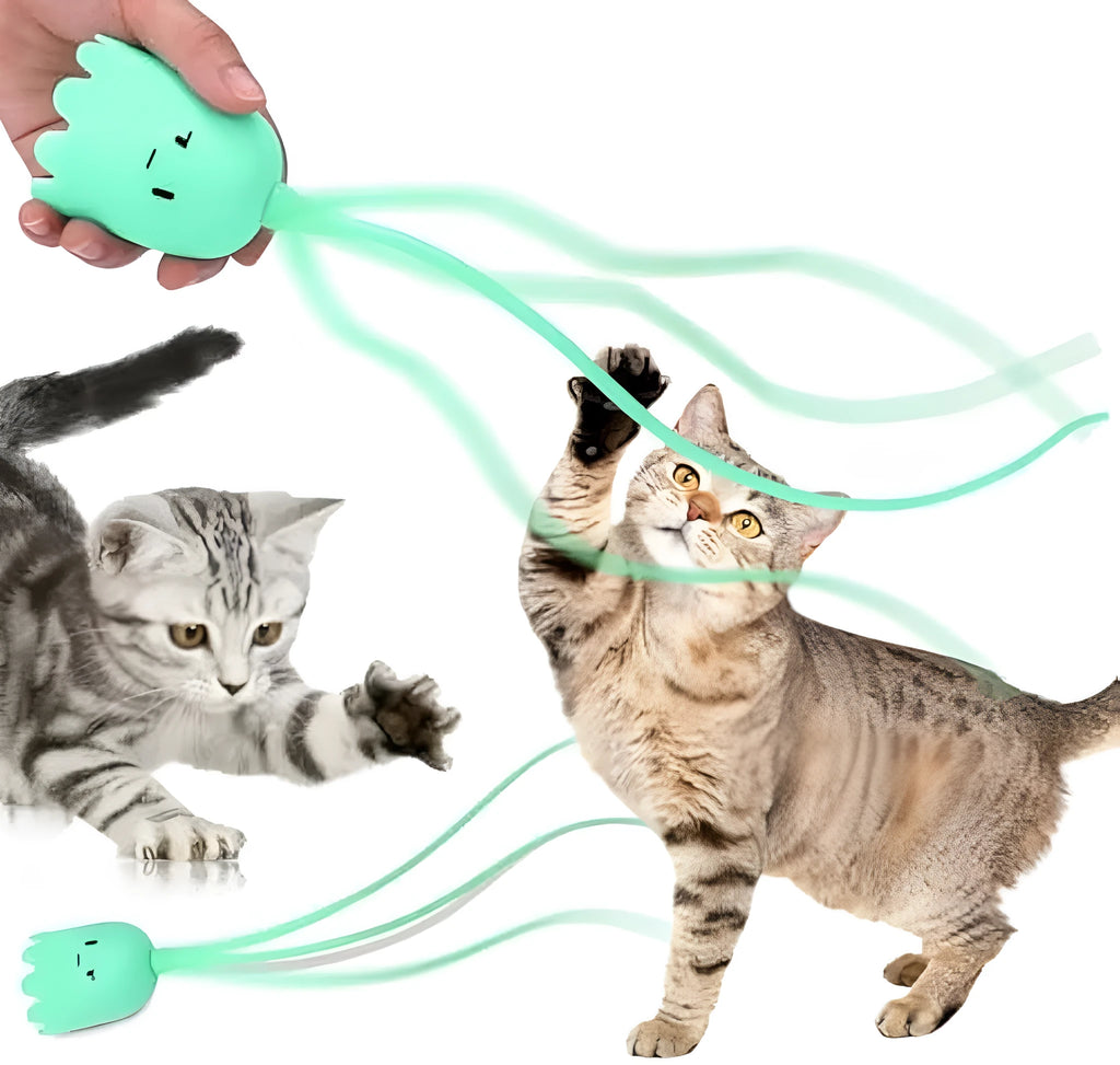 Green automatic cat wand toy with swinging silicone tails for indoor cat play