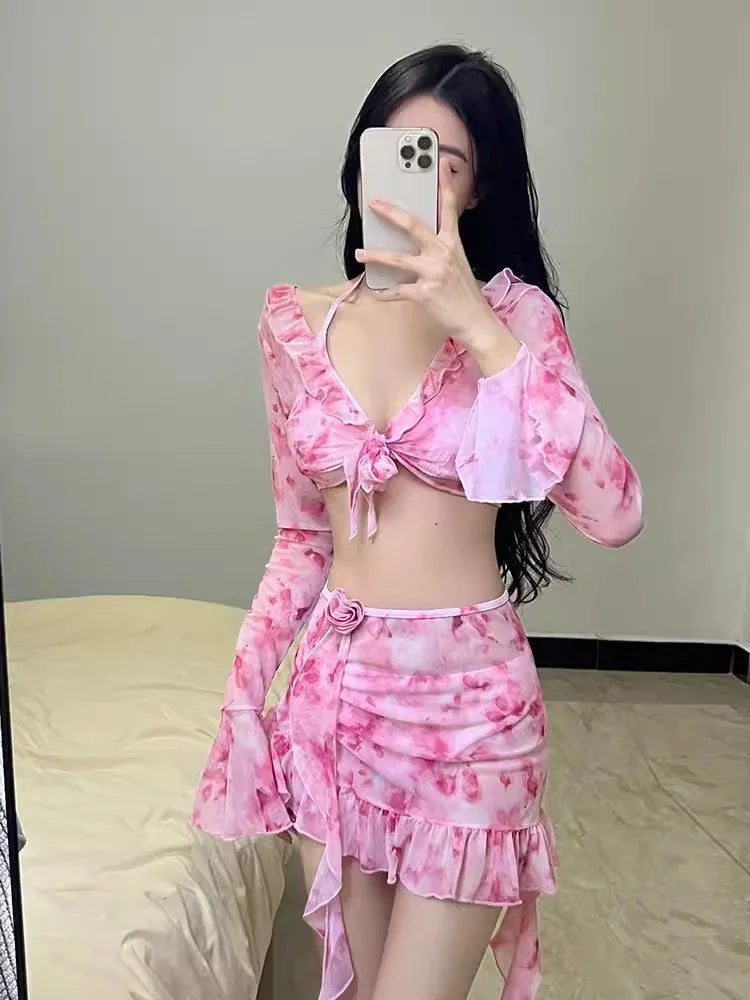 Women's cherry blossom pink floral bikini swimwear set for beach and hot spring use