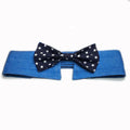 Adjustable denim dog collar with star pattern, shown as a bow tie style on a dog.