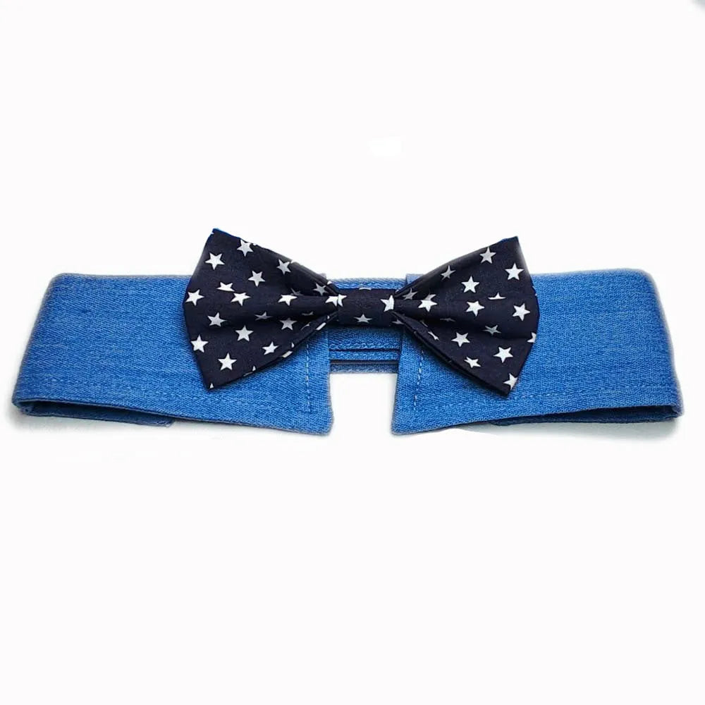 Adjustable denim dog collar with star pattern, shown as a bow tie style on a dog.