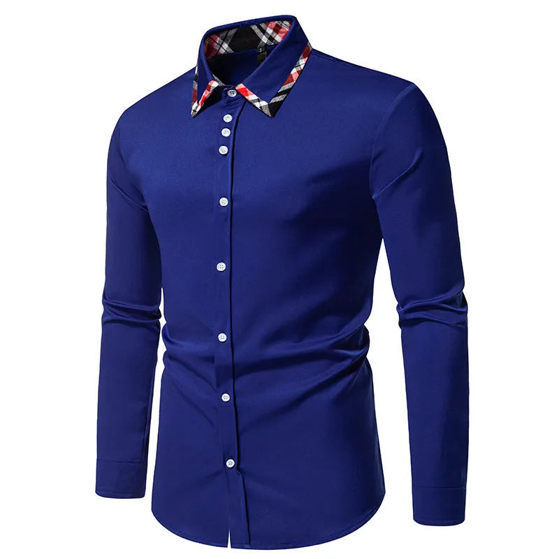 Men's plaid contrast colour long sleeve shirt with triangle collar in blue, black or white options