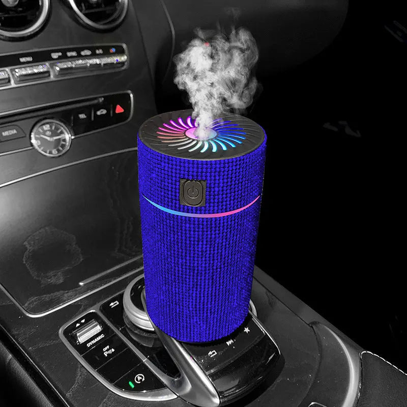 Car mounted air purifier and humidifier unit with diamond finish and LED lighting in seven colour options