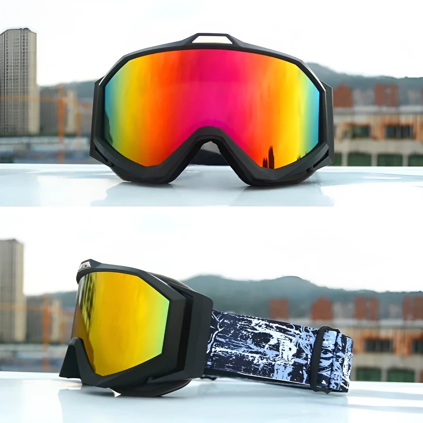 Double layer motorcycle goggles with TPU frame and anti-fog lens in black red blue or silver with storage bag