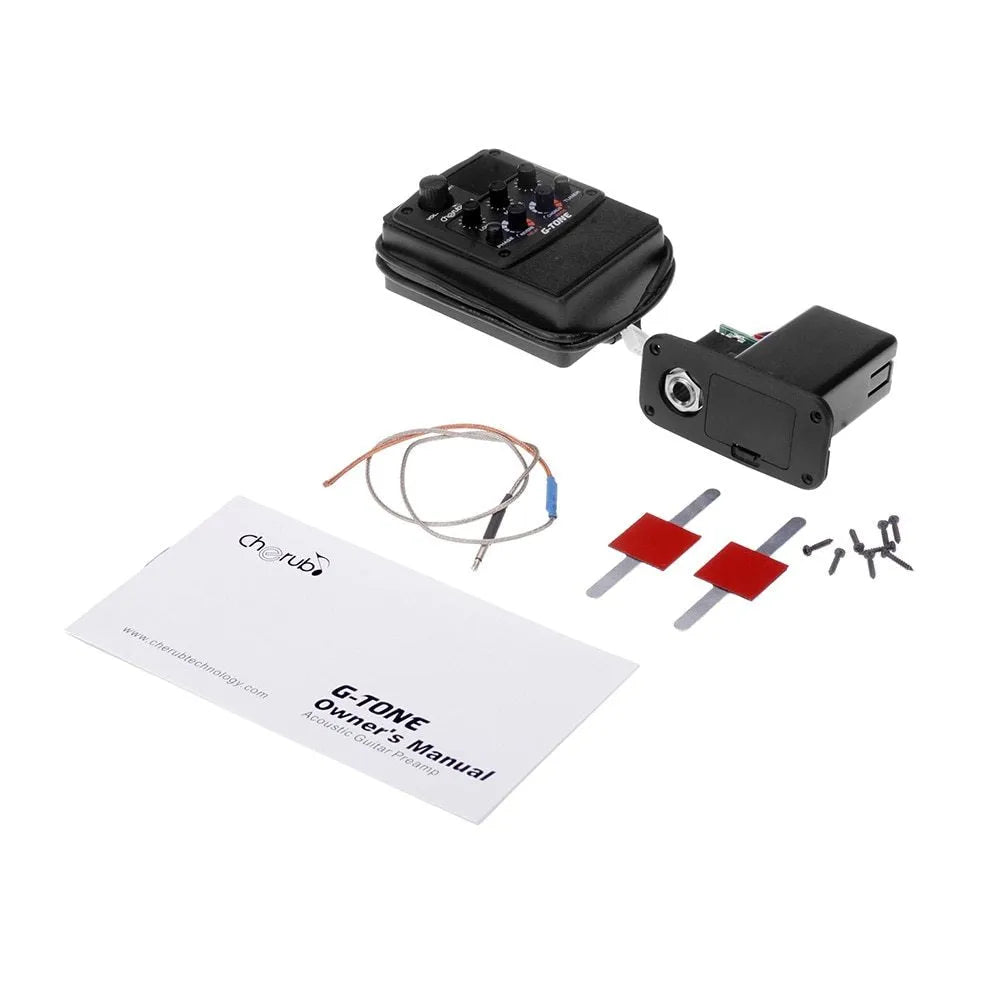 Black Cherub GT-6 acoustic guitar preamp with EQ and effects knobs for soundhole mounting.