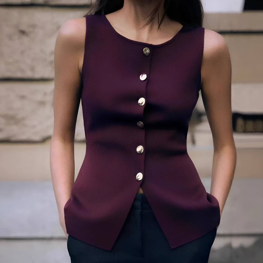 Dark red slim fit women's sweater vest with gold buttons and a 3D pattern texture.
