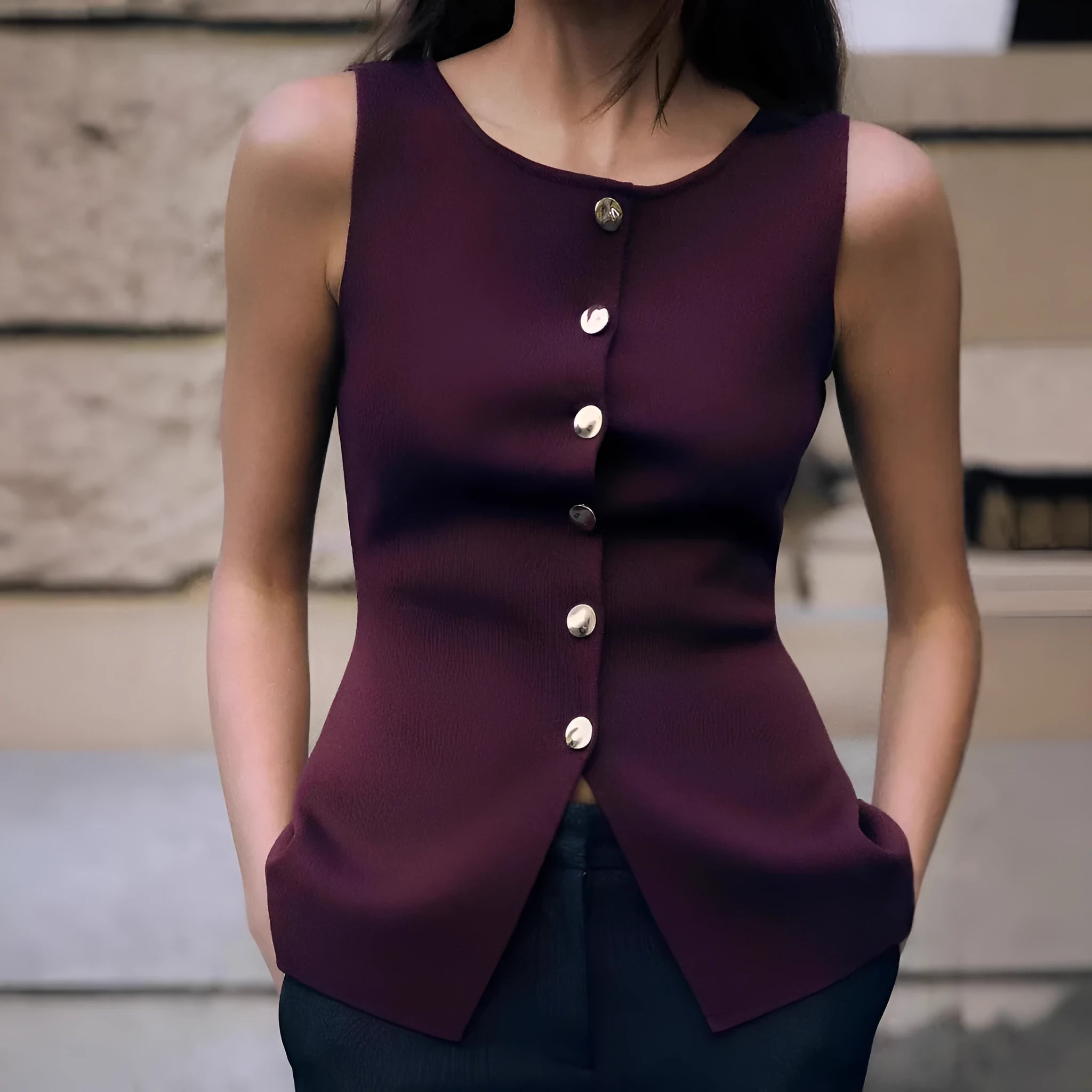 Dark red slim fit women's sweater vest with gold buttons and a 3D pattern texture.