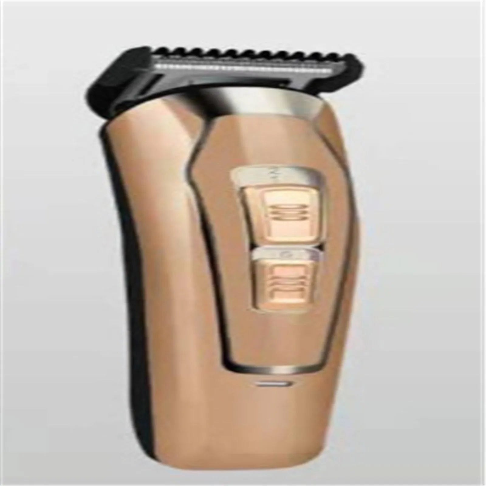 Dark blue rechargeable electric hair clipper with stainless steel blades on a white background