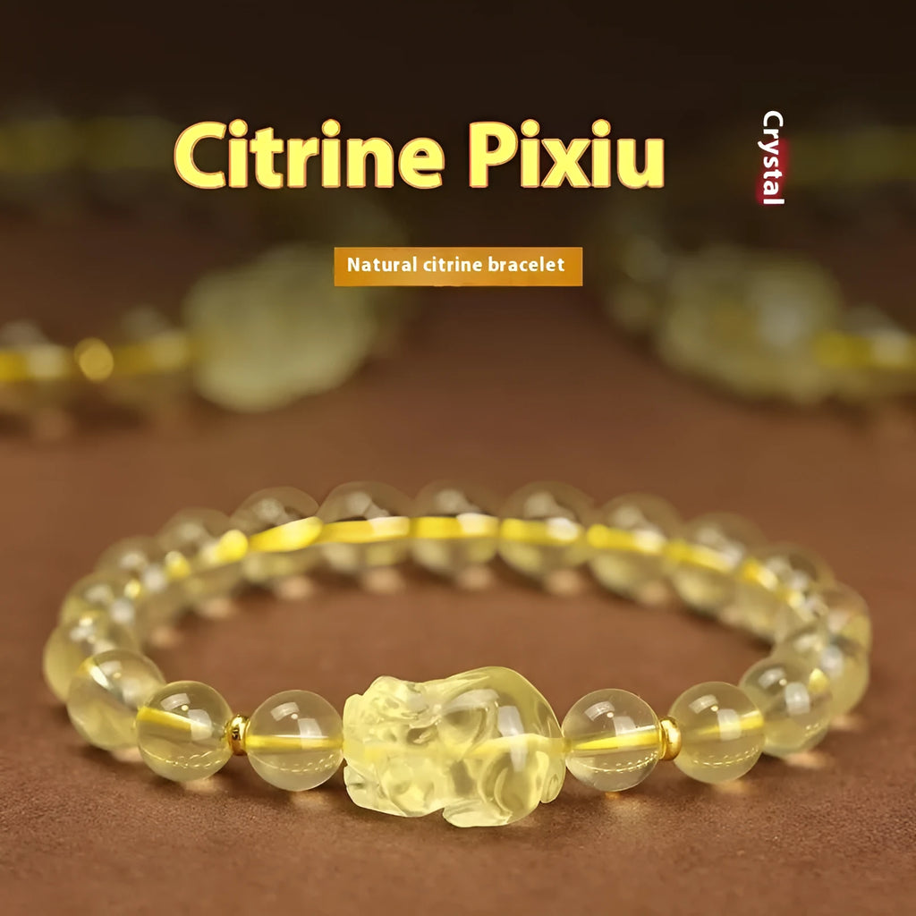 Yellow leather bracelet with artificial crystal Pi Xiu charms in Chinese national style