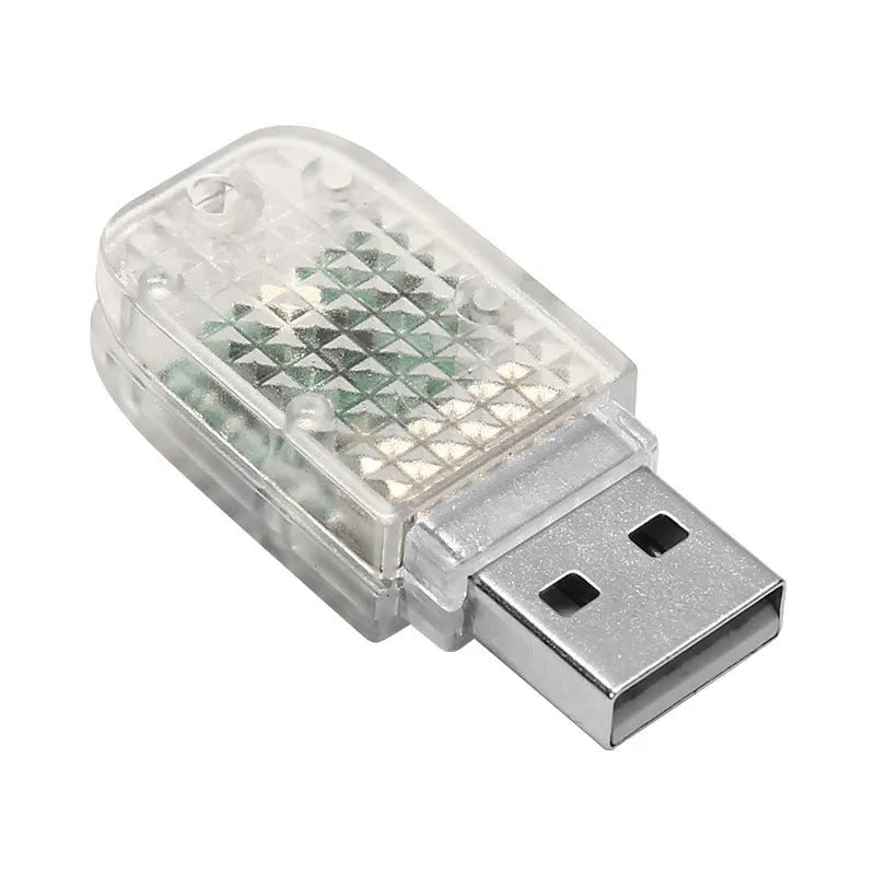 USB car atmosphere light unit with touch controls for steady white, blue, pink, ice blue, and voice-controlled RGB lighting.