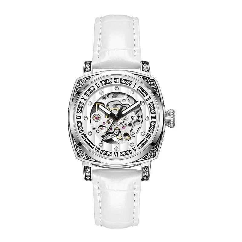 Mechanical wristwatch with luminous dial on leather strap, available in multiple colours including black, red and white