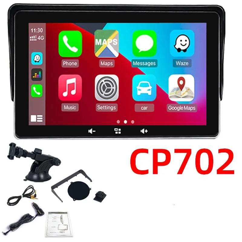 7-inch wireless CarPlay car display with suction cup mount and cigarette lighter connection