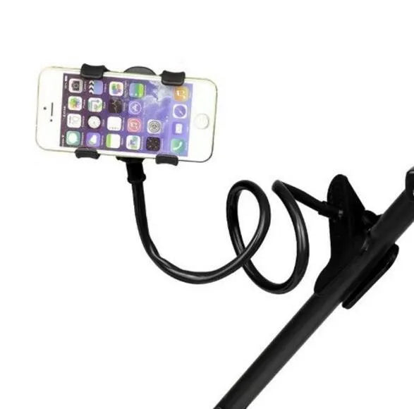 Black flexible long-arm phone holder with V-clip mounted on bed frame showing adjustable angles