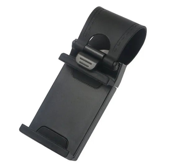 Black car steering wheel phone mount holder attached to vehicle steering wheel