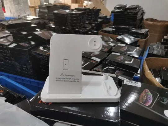 Folding 4-in-1 wireless charger showing iPhone, Apple Watch, AirPods and Apple Pencil charging simultaneously