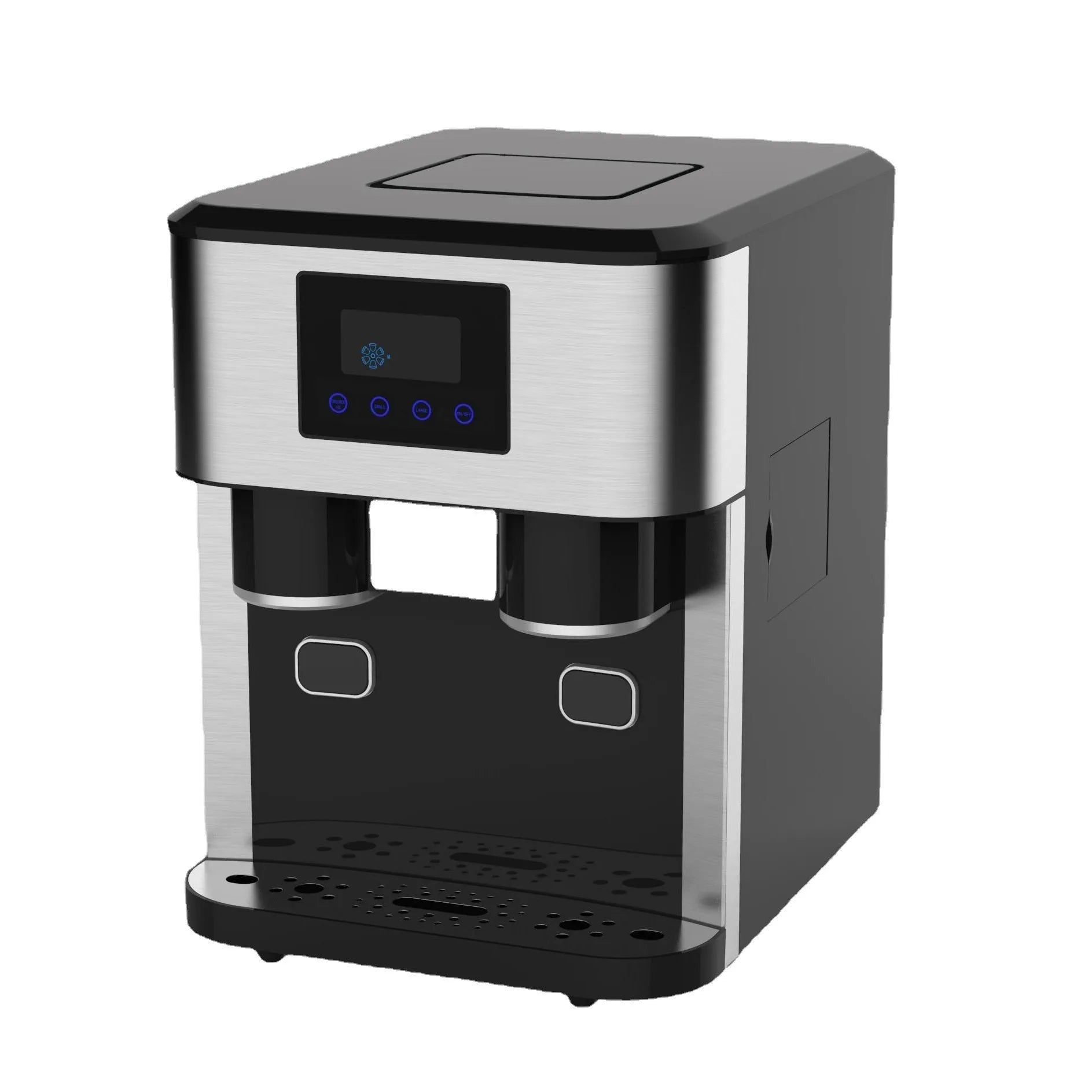 Black desktop ice maker with stainless steel ice box on a kitchen countertop.