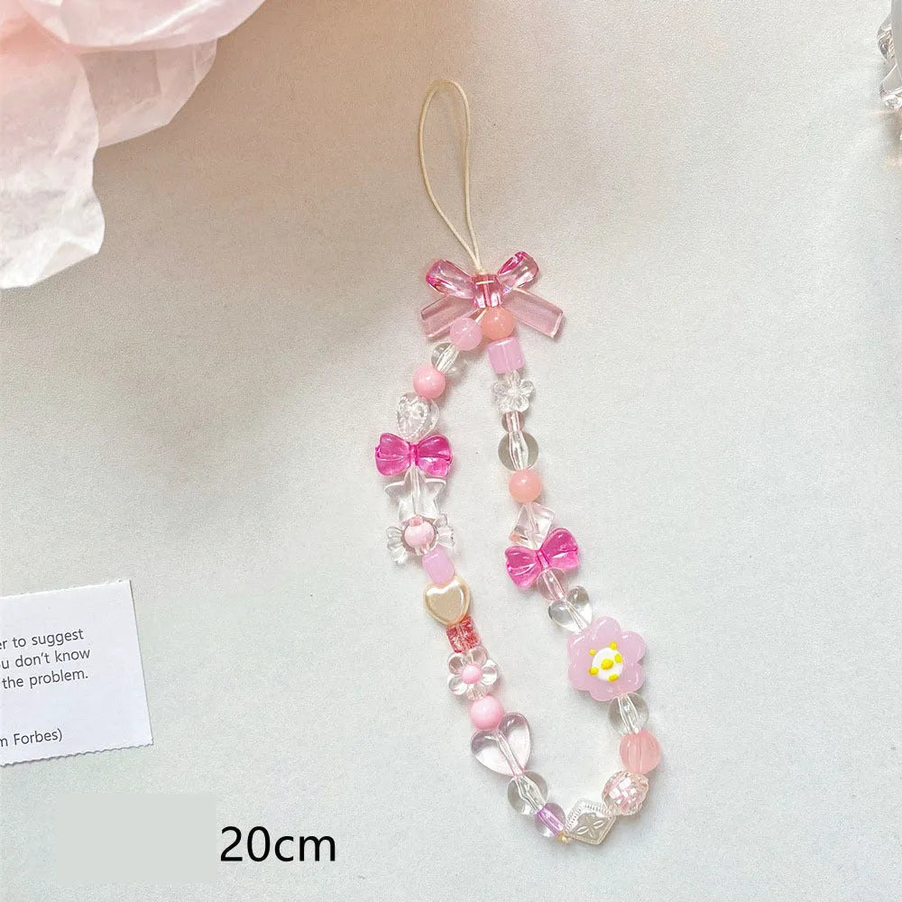 Flower bead mobile phone lanyard with hand rope in yellow, blue, and pink colour options