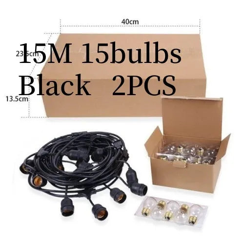 15-metre black decorative light string with 15 bulbs and EU plug for indoor outdoor use