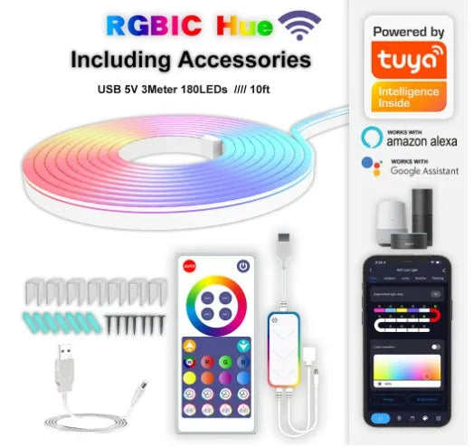 3-metre USB-powered RGB LED neon light strip with remote control for interior lighting