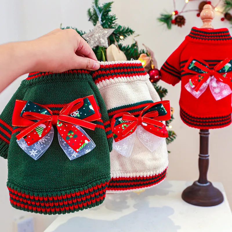Red and green dog Christmas sweater shown on small to large breed dogs with festive holiday design