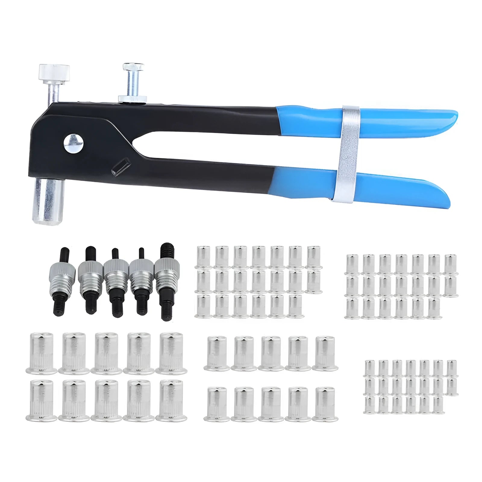 Alloy steel manual riveter nut set shown with replacement mandrels and nosepieces.