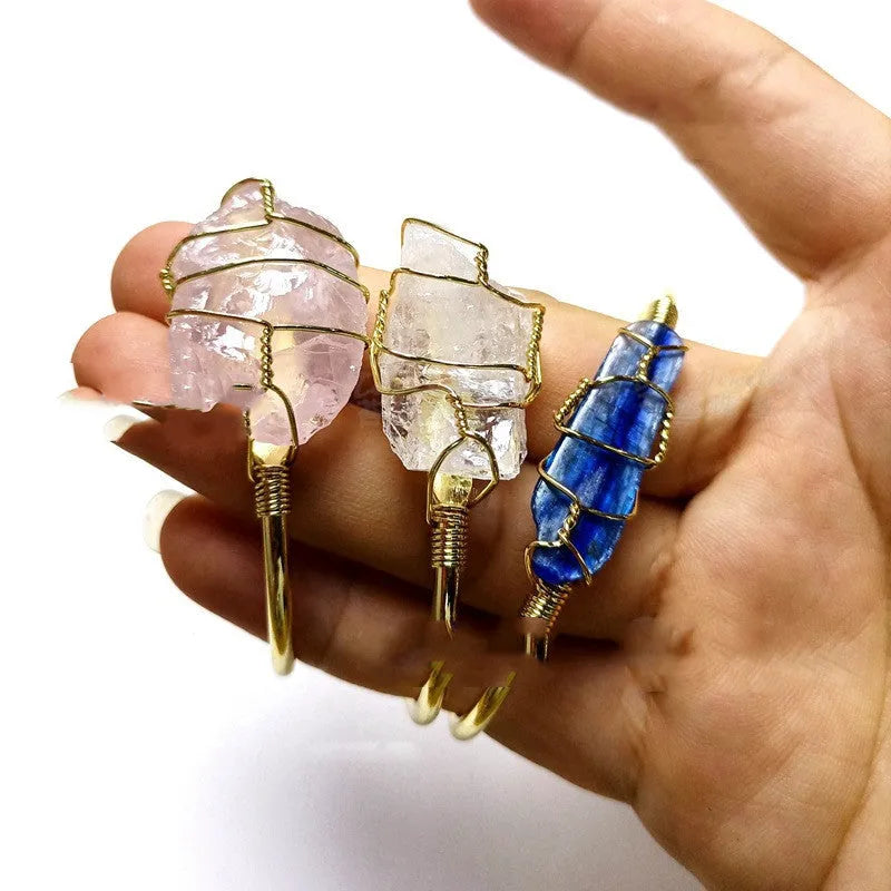 Geometric natural crystal bracelet with gold wire winding in mixed colours