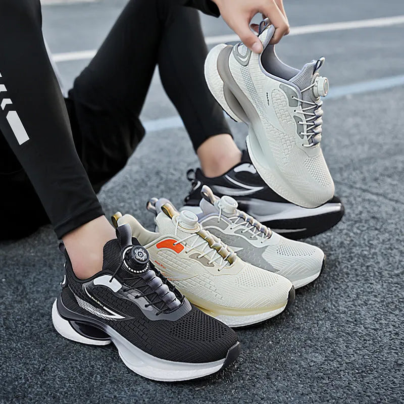 Men's white running shoes with rotating buckle closure and Fly-knit mesh upper